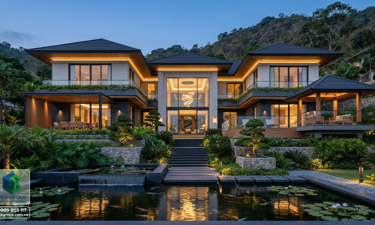 Biệt thự nghỉ dưỡng sườn đồi 2 tầng – Hồ cảnh quan & vườn bậc thang chuẩn Resort tại gia
